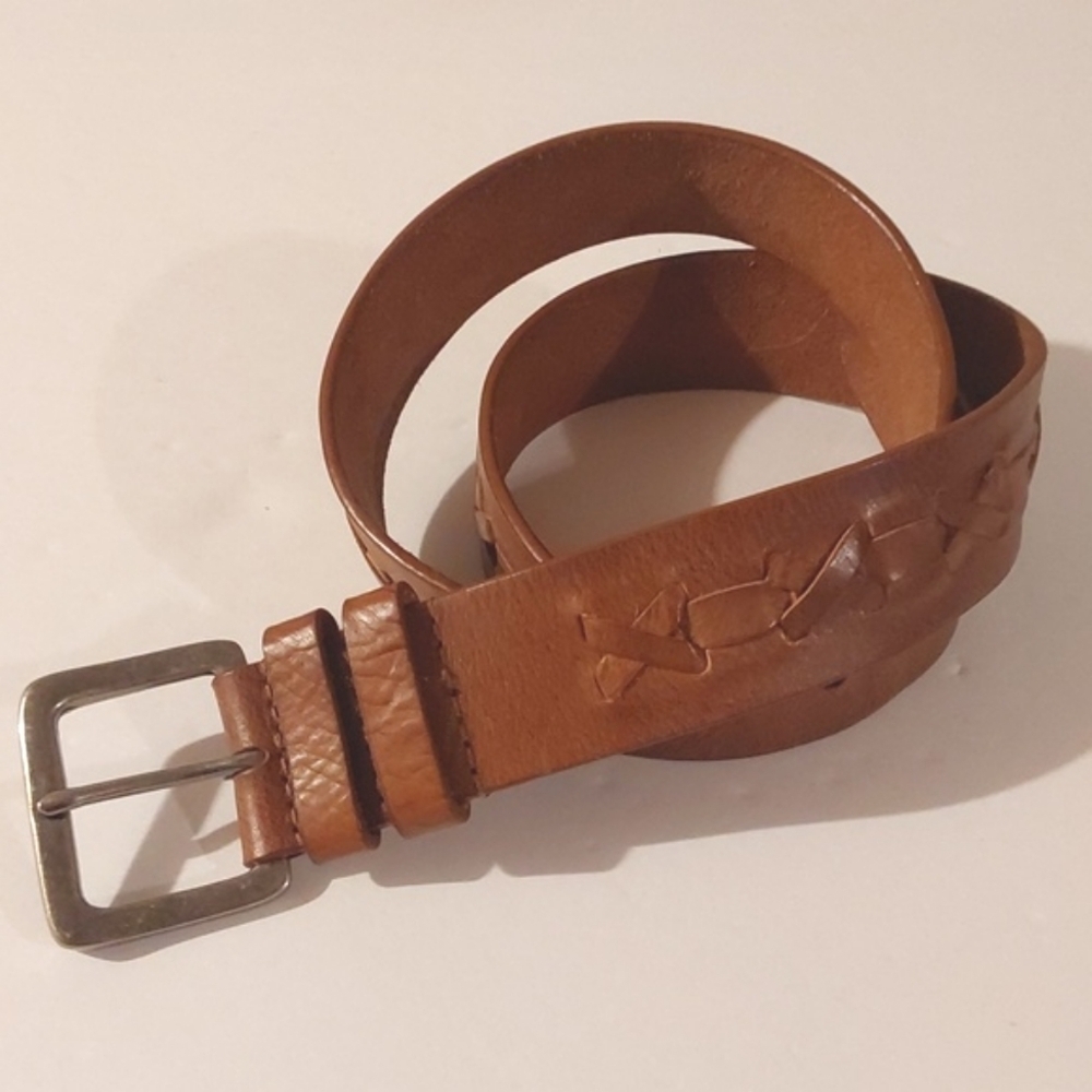 Buckle- Unisex Light Brown Leather Belt Cross Stitch X Vintage Unique Mod Trend